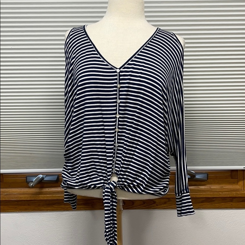 Democracy blue striped cold shoulder front tie top Size small
